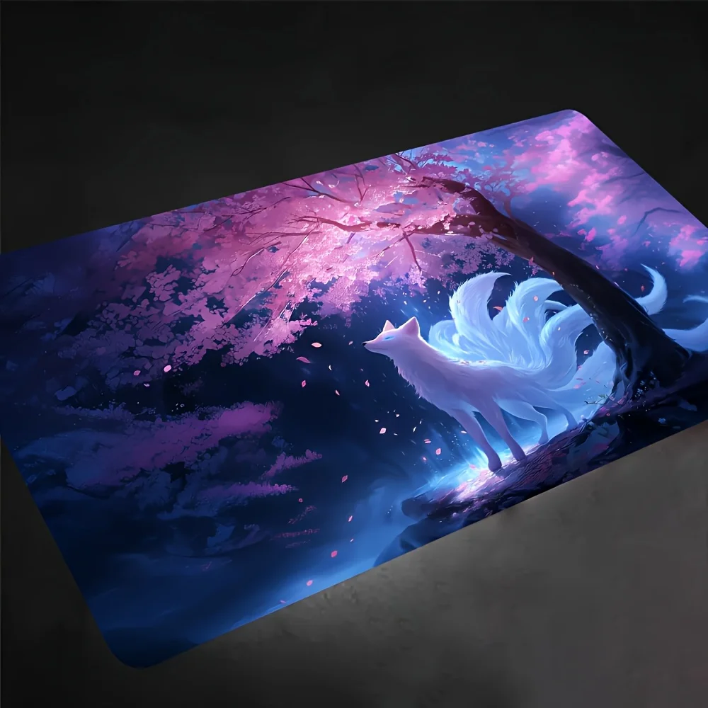 A white nine-tailed fox-themed game mat colorful pattern, specially designed for card games Suitable for collectible card games