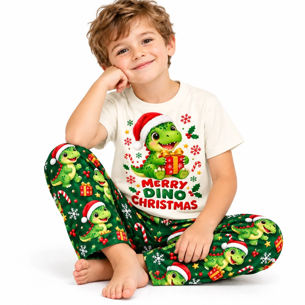 Kids Christmas Dinosaur Pajama Set Boys Merry Dino Print Short Sleeve Top Long Pants Sleepwear Xmas Nightwear Outfit