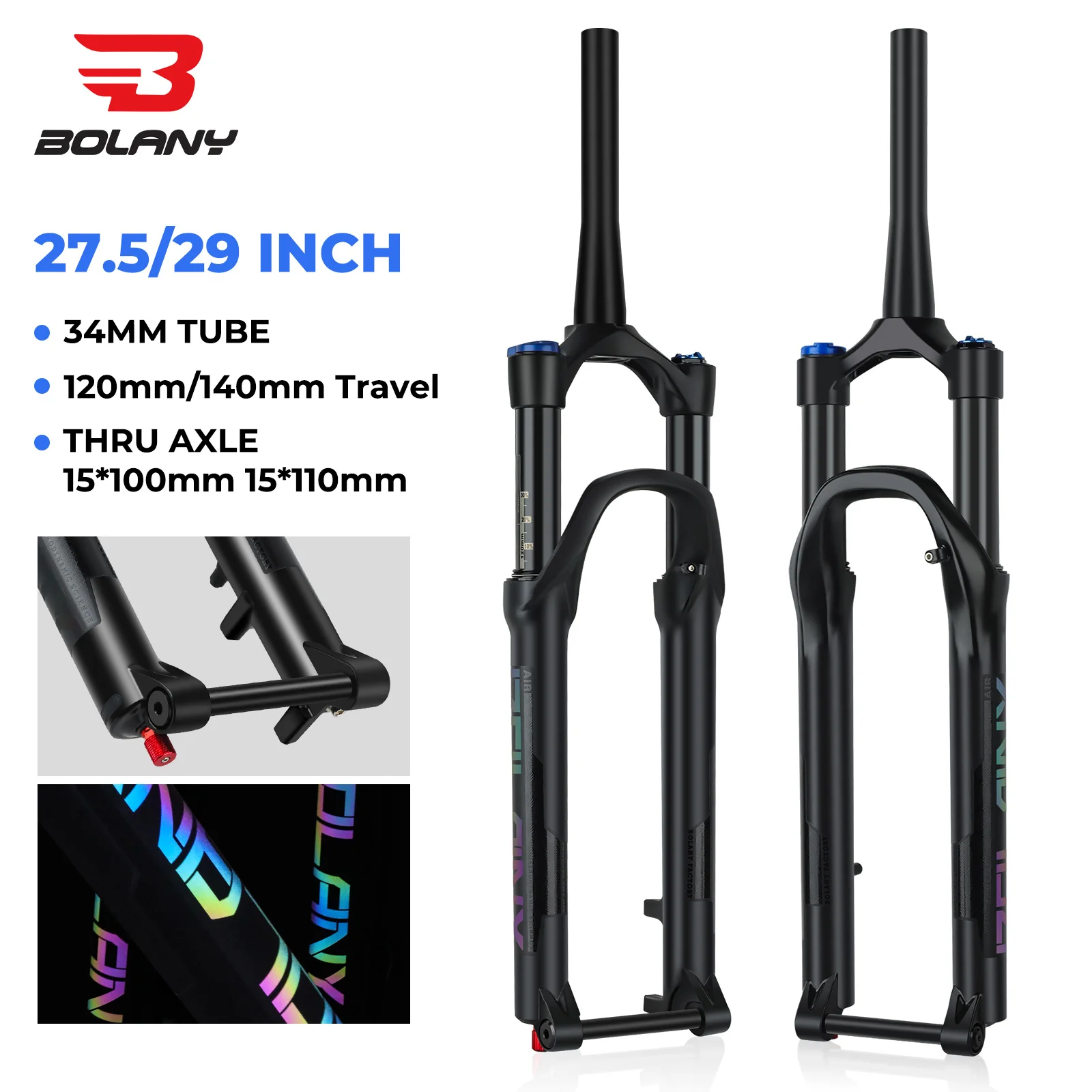 BOLANY MTB Fork Thru Axle Bicycle Fork with Rebound Adjustment Boost 15x110 29inch Air Oil Front Suspension Mountain Bike Part