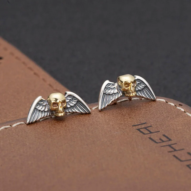 S925 sterling silver trendy cool style skull earrings for men, creative personality, devil earrings, couple cross