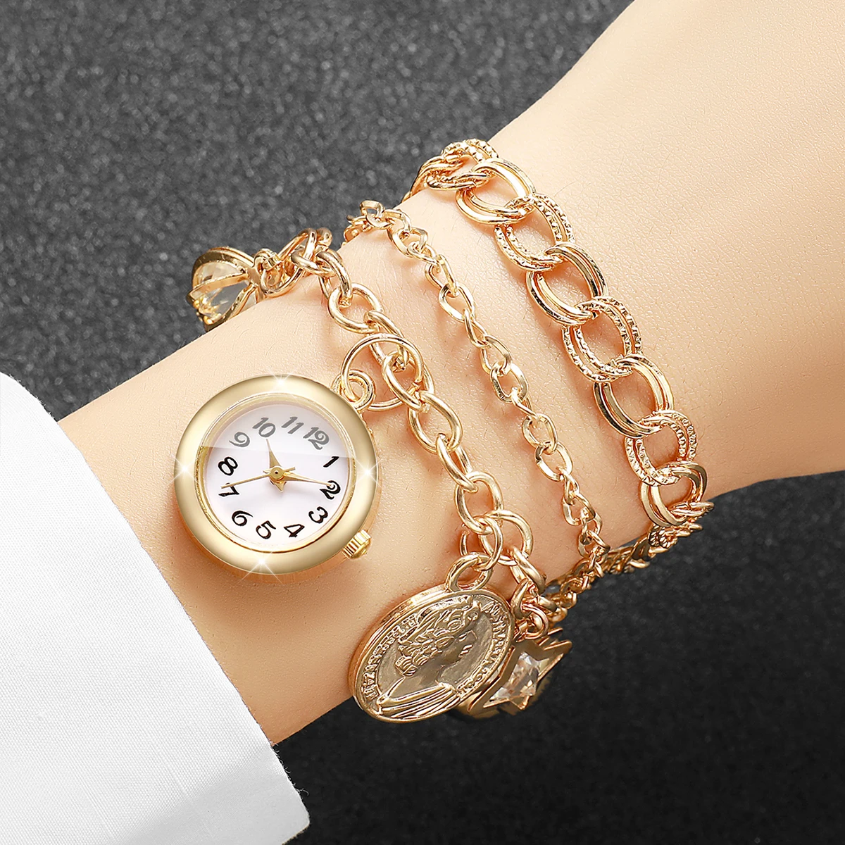 Fashion Gold Multi‑Layer Bracelets Women Watch Coin Bell Crystal Charm Ladies Quartz Wristwatches Relogio Feminino（Without Box）
