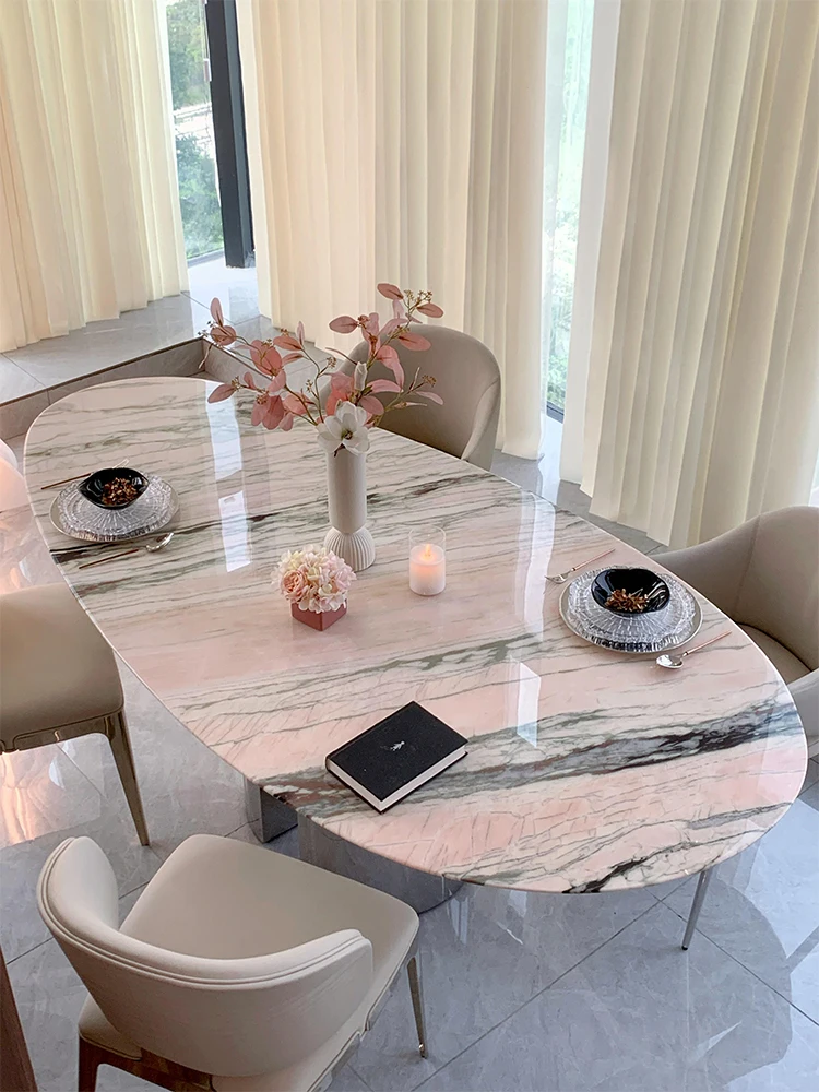 Italian Minimalist Oval Design Master Designer Stone Pink Ocean Marble Dining Table Customizable