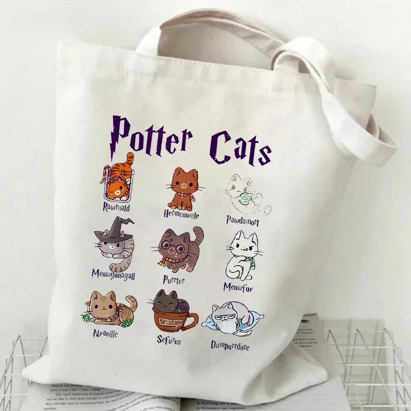 Porter Cat-Bolso de lona con estampado de dibujos animados para mujer, bolsa de hombro plegable de viaje, informal, de supermercado, Harajuku