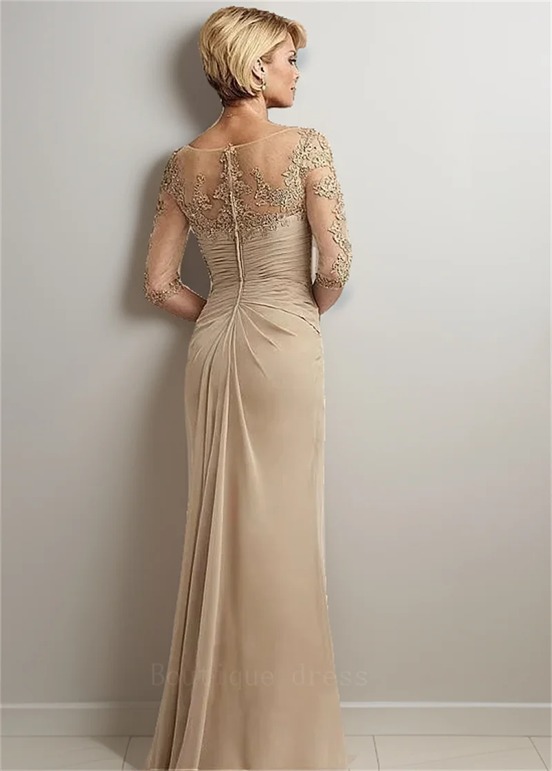 Elegant Beaded Lace Champagne Mother of The Bride Dresses pluse Size Chiffon Half Sleeves Groom Mother Evening Dress For Wedding