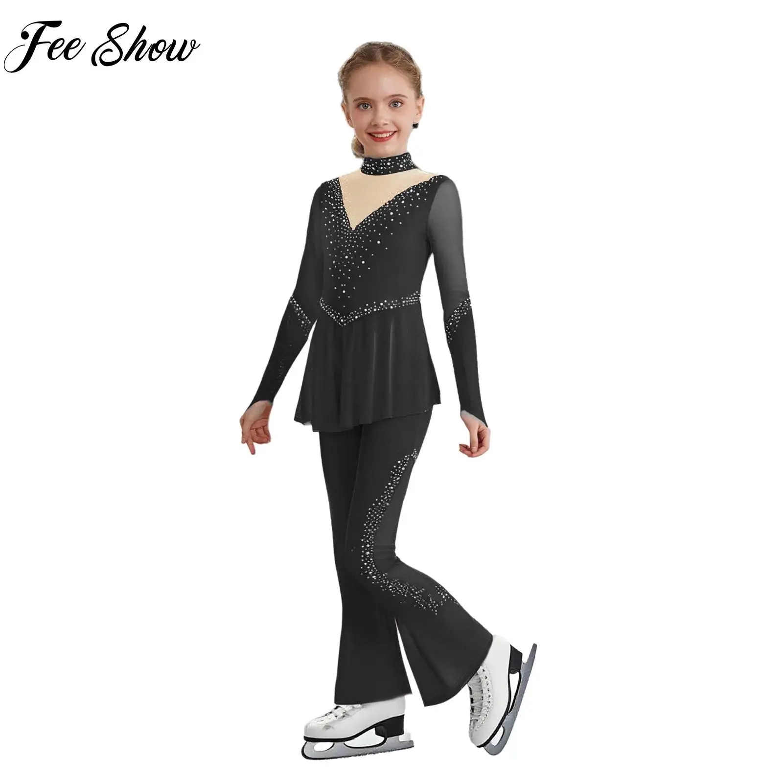 여자 피겨 스케이팅 공연 의상 긴 소매 라인스톤 메쉬 점프수트 발레 체조 무대 의상
