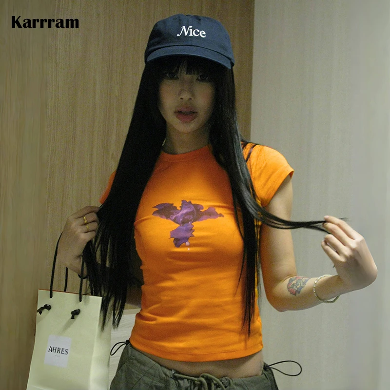 Karrram Japanese Y2k Graphic Print T-shirt Trashy 2000s Style Crop Tops Vintage Harajuku Short Sleeve T Shirt American Retro 90s