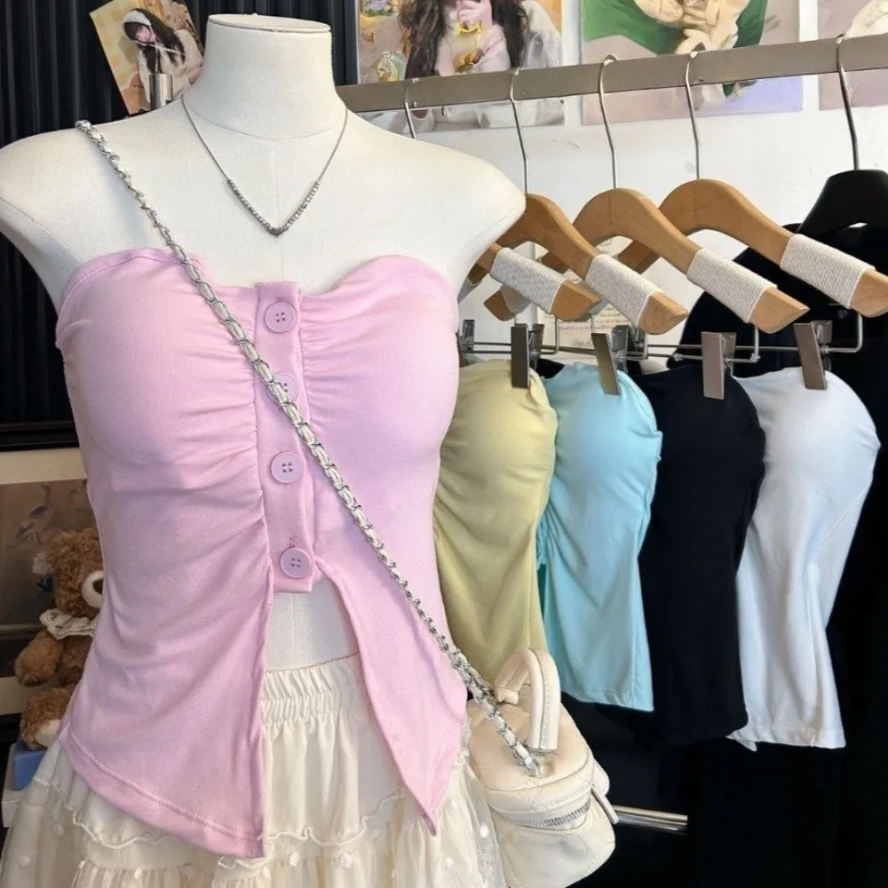 

Corset Pleated Button Camisole Bottom Layer Vest Slim Fit Crop Tops with Pads Streetwear Strapless Suspender Vest Spring Summer