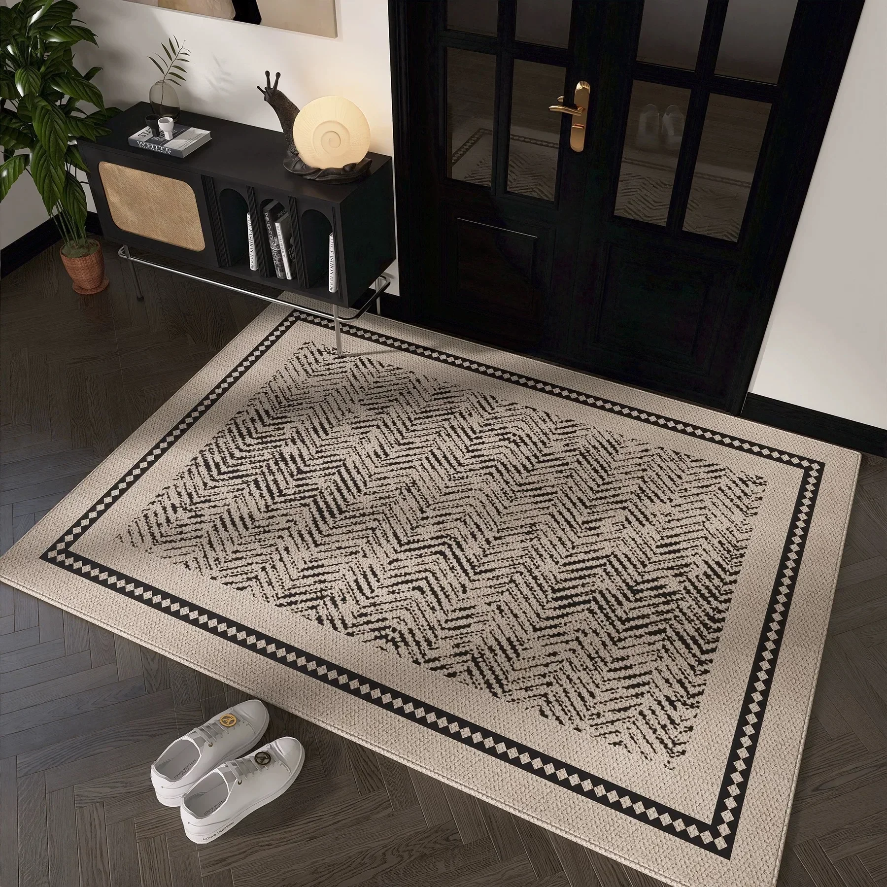 Moderne Matte mit geometrischem Muster für zeitgenössisches Zuhause, Innenbereich, Eingangsbereich, Wohnzimmer, Übergang, rutschfest, langlebig, leicht zu reinigende Dekormatte