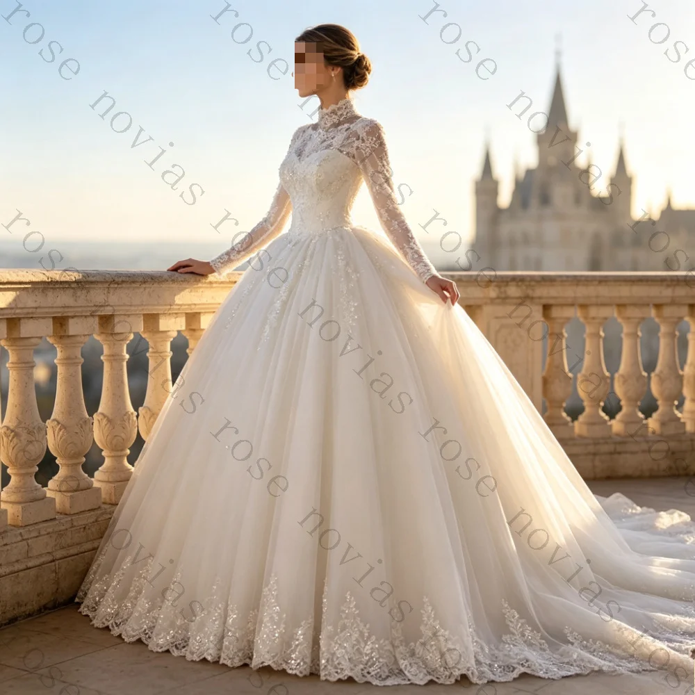 Customized High Neck Long Sleeve Lace Ballgown Wedding Dresses Sparkle Tulle Floral Lace Hem Princess Long Train Bridal Gowns