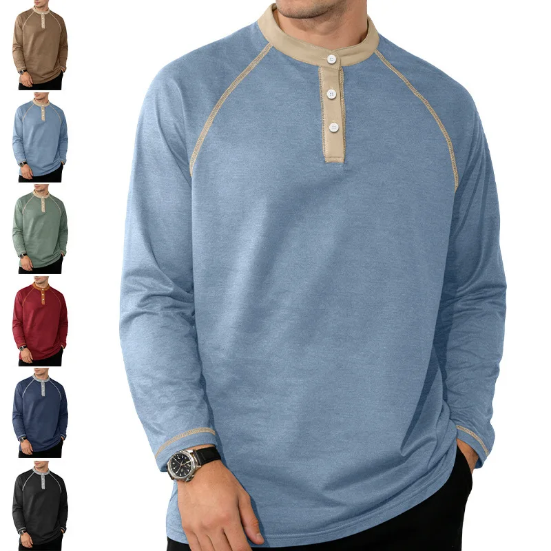 Men's Contrast Raglan Sleeve Henley T‑Shirt Long Sleeve Button Placket Stand Neck Casual Daily Tops