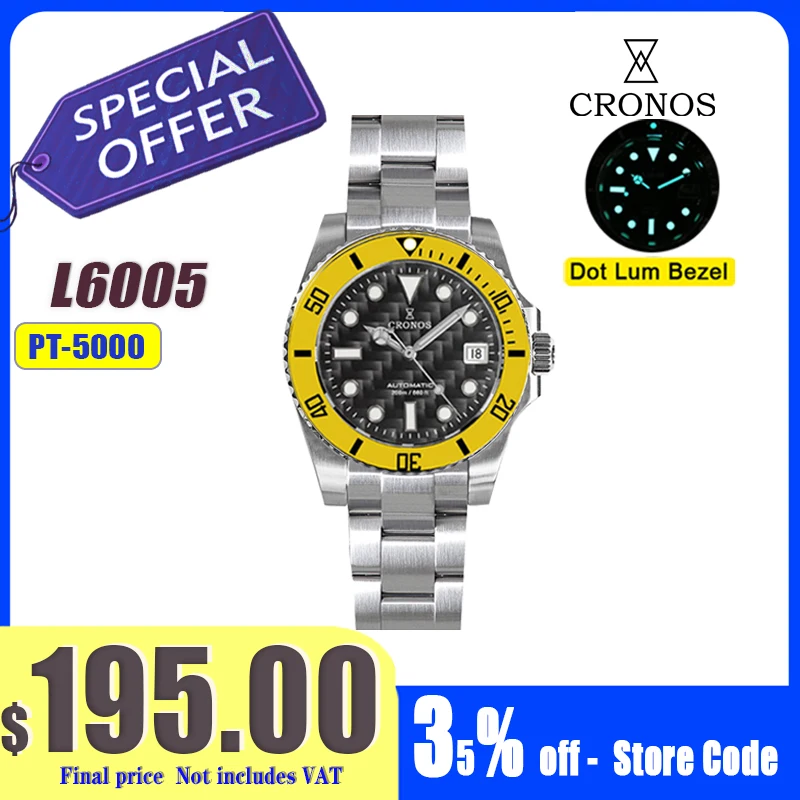 

Мужские часы Cronos Sub Diver из нержавеющей стали PT5000, керамический безель, 200 метров, водонепроницаемая скользящая застежка, циферблат из углеродного волокна L6005M