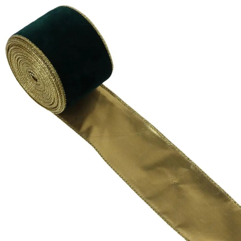 10 Yards 2.5 Inch Wide Velvet Ribbon Velvet Red Golden Edge Ribbon Golden Edge Green Wired Ribbon for DIY Art Crafts