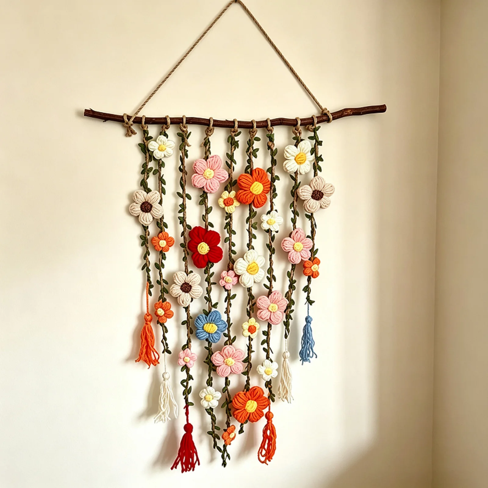 Crochet Floral Boho Woven Garden Wall Hanging Tapestry Handmade Flower Decor Bedroom Living Room Home Art