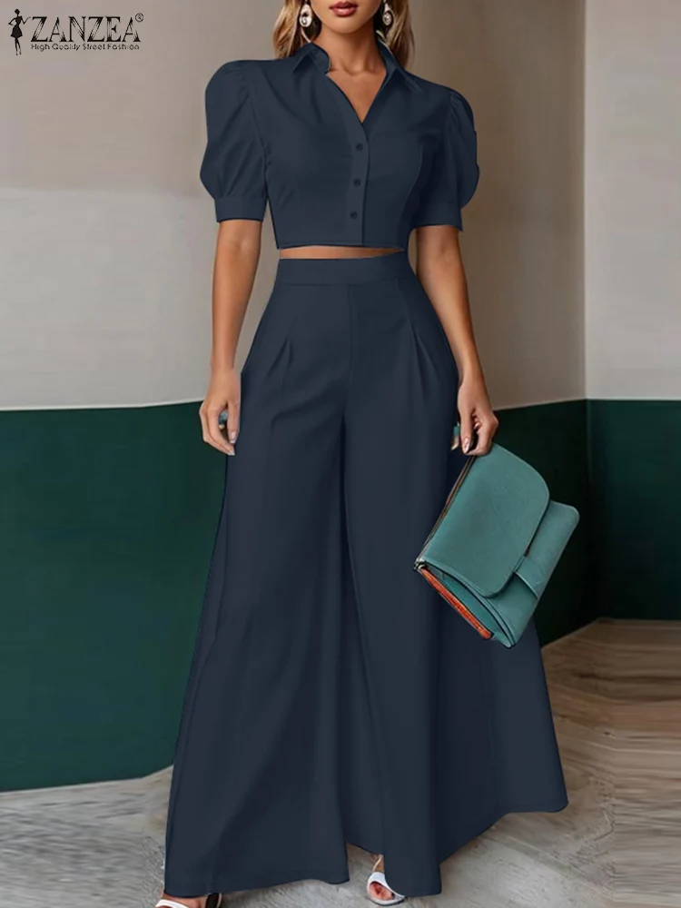 

ZANZEA Wide Leg Pants Office Commute 2PCS Outfit Woman Short Puff Sleeve Crop Tops Stylish Street Fashion Pant Sets 2 Piece Sets