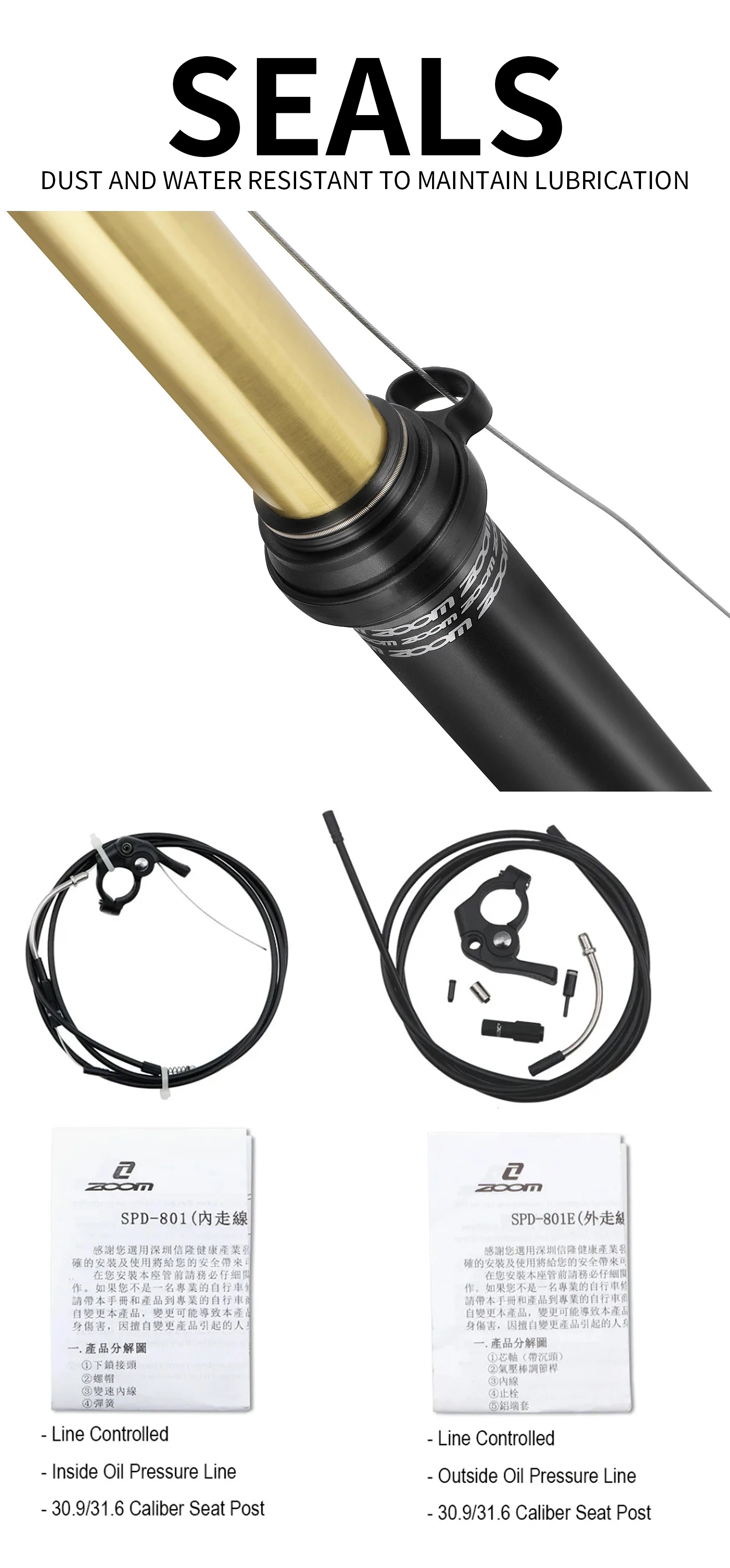 ZOOM Fahrrad-Dropper-Sattelstütze 30.9/31.6 mit interner/externer Kabelführung und Fernbedienung für MTB-Sattelrohr – Detail 6