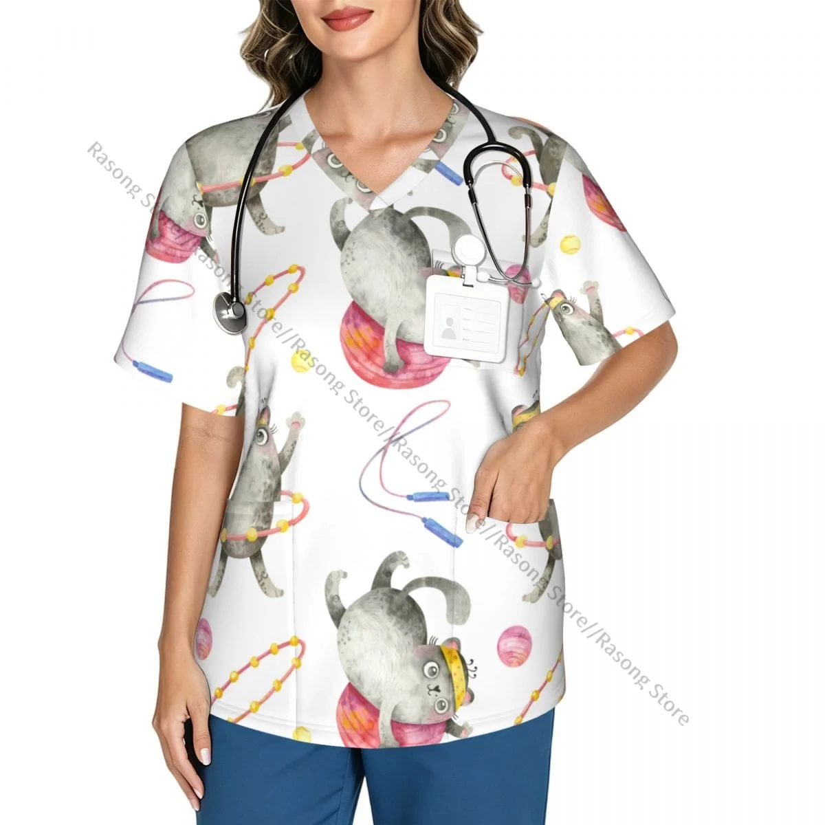 Women's Medical Scrub Top V Neck Short Sleeve Cats Cute Characters Stretch Nursing Uniform for Hospital Clinic