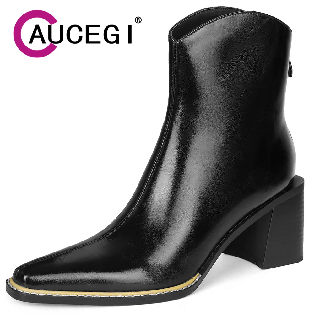 

Aucegi Autumn Winter New British Style Thick High Heels Ankle Boots Pointed Toe Genuine Leather Women Party Dress Handmade Shoes