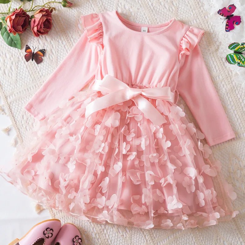 

Children dresses 2025 Girls Long Sleeve Dress 3D Flower Princess Dress Children's Birthday Year Old Dress Dress Girl kid's dress
