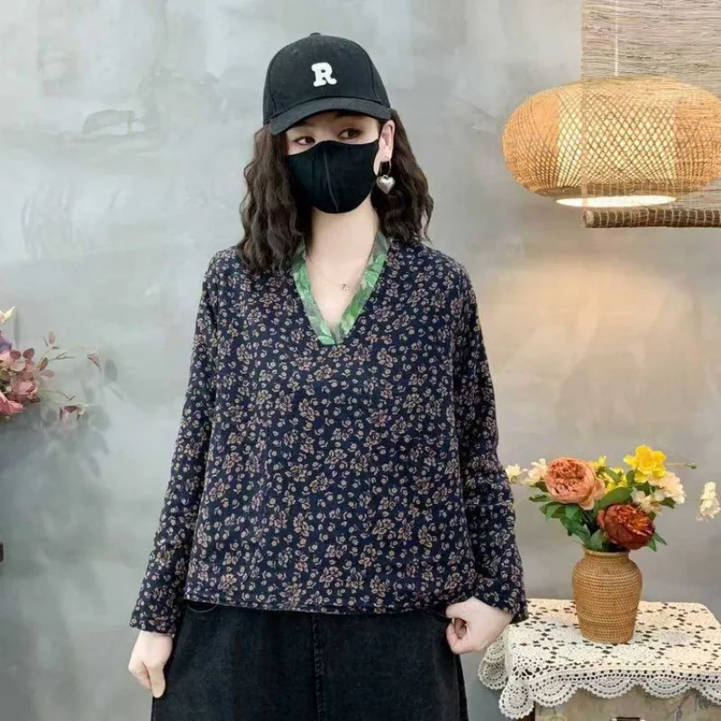 

Новая двусторонняя ретро-осень 2022, новая рубашка из хлопка и льна с длинными рукавами и цветочным принтом, свободный пуловер в этническом стиле