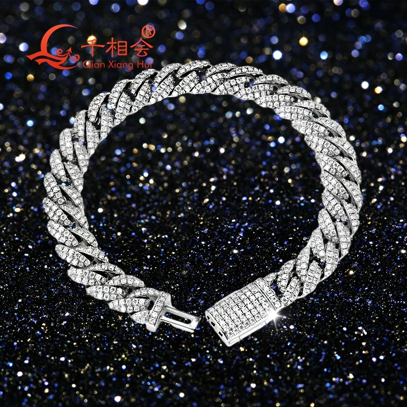 Half Moon Shaped Bracelet 10mm S925 Sterling Silver Cuban Chain with Moissanite & Diamond Hip Hop Style Miami Cuban Link Chain