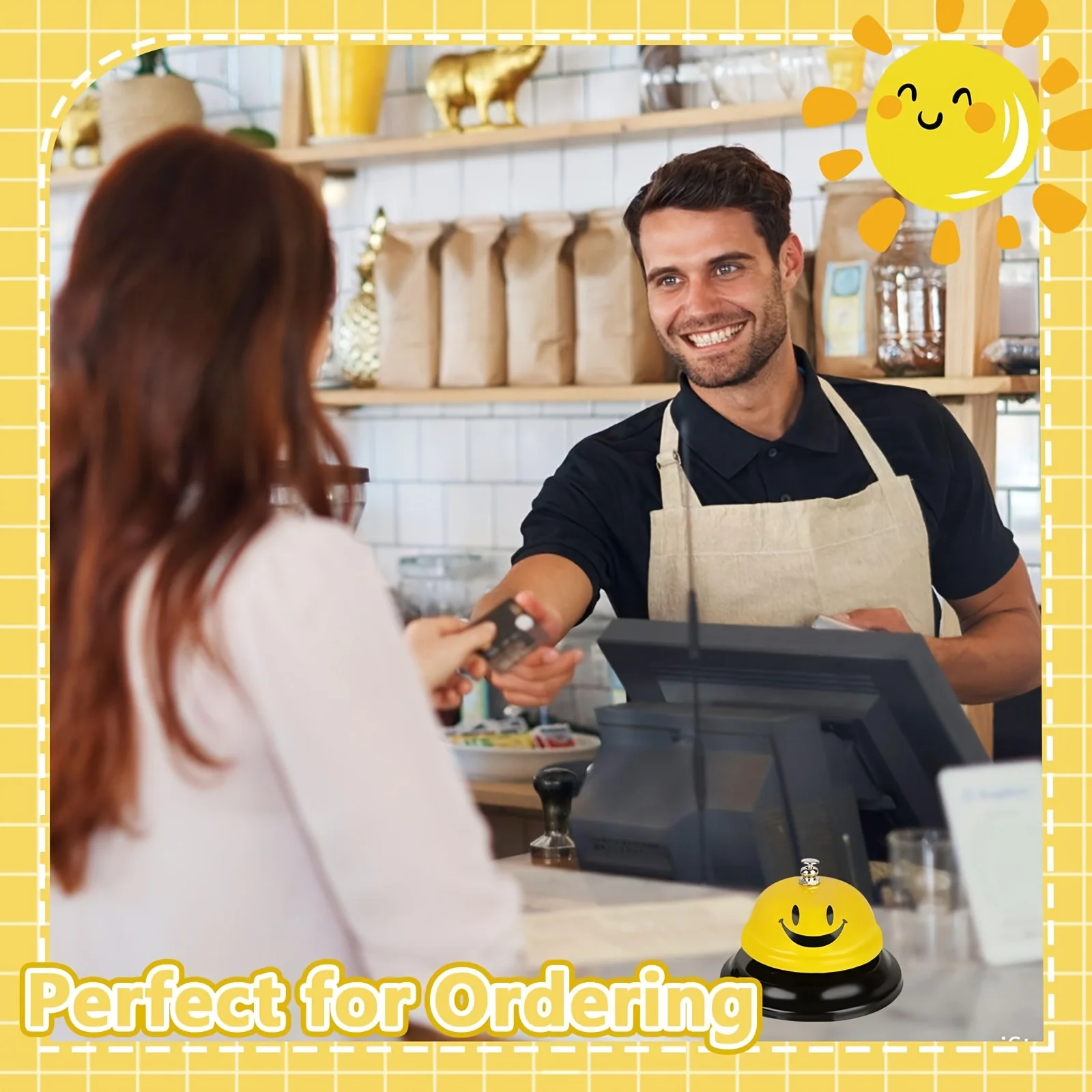 1/3 قطعة أجراس نداء مبتسمة ملونة مع هيكل معدني مضاد للصدأ - أحمر، أزرق، أصفر - مثالية للفندق والمطعم والمكتب والمدرسة