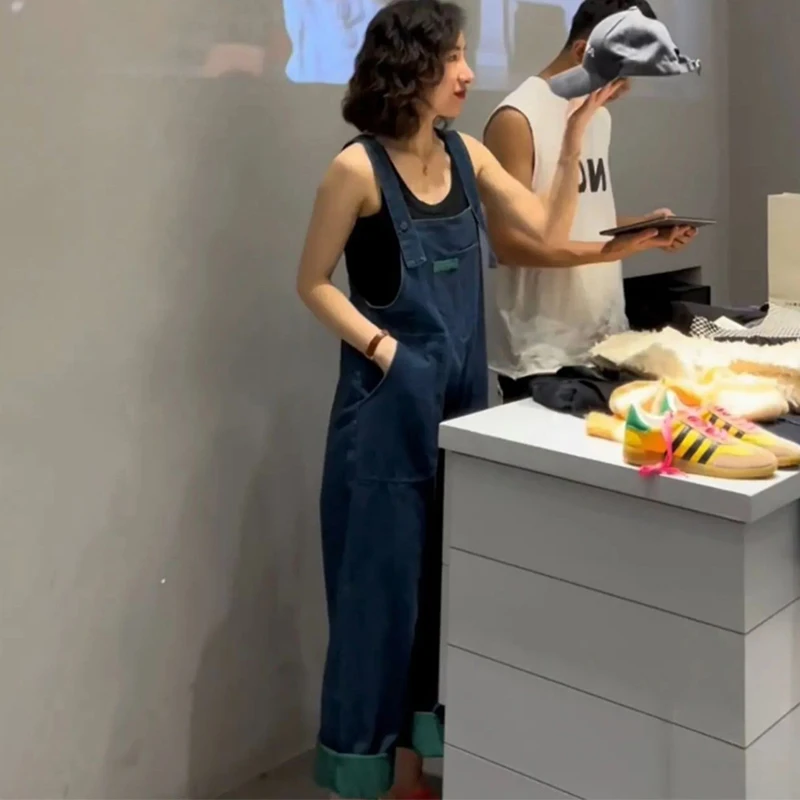 

Джинсовые комбинезоны в стиле ретро, женские свободные комбинезоны с высокой талией, весна-осень, новый дизайн, небольшой модный комбинезон с высокой талией