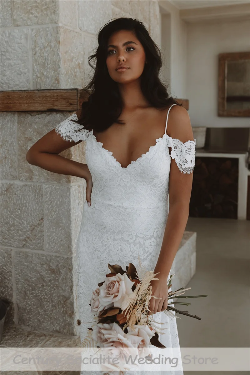 Customized Boho Wedding Dresses for Women 2025 Straps Slit Off the Shoulder A-Line Beach Bride Dress Bohemian Bridal Gowns