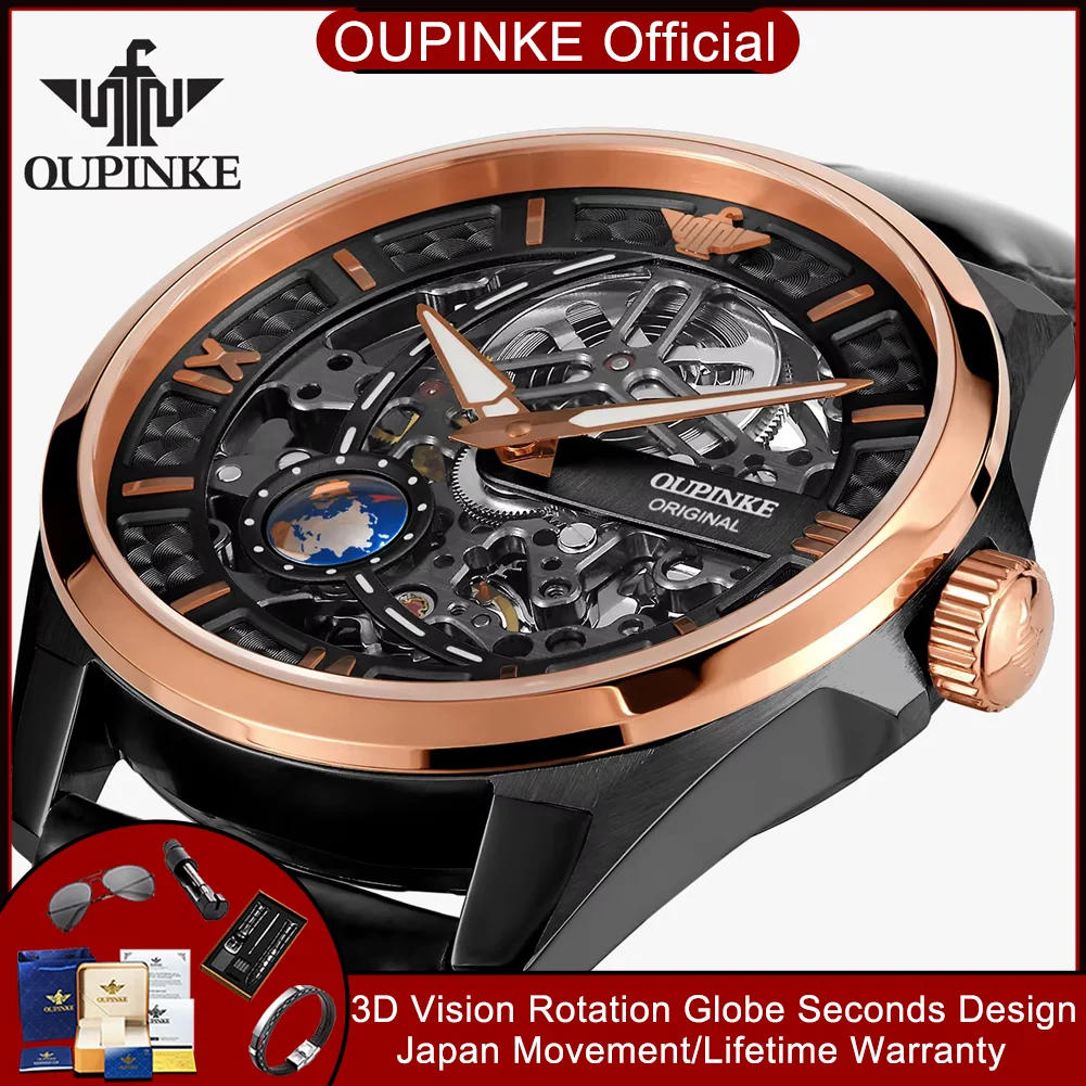

OUPINKE 3268 Automatic Man Watch Unique Hollowed 3D Vision Rotation Globe Seconds Design Japan Movement Mechanical Watch for Men