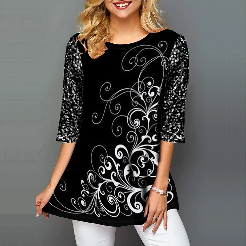 Große Größe 5XL Gedruckt frauen Tuniken Bluse Schwarz Halbe Hülse Weibliche Tunika Tops 2021 Sommer Neue Casual Mode Damen blusen