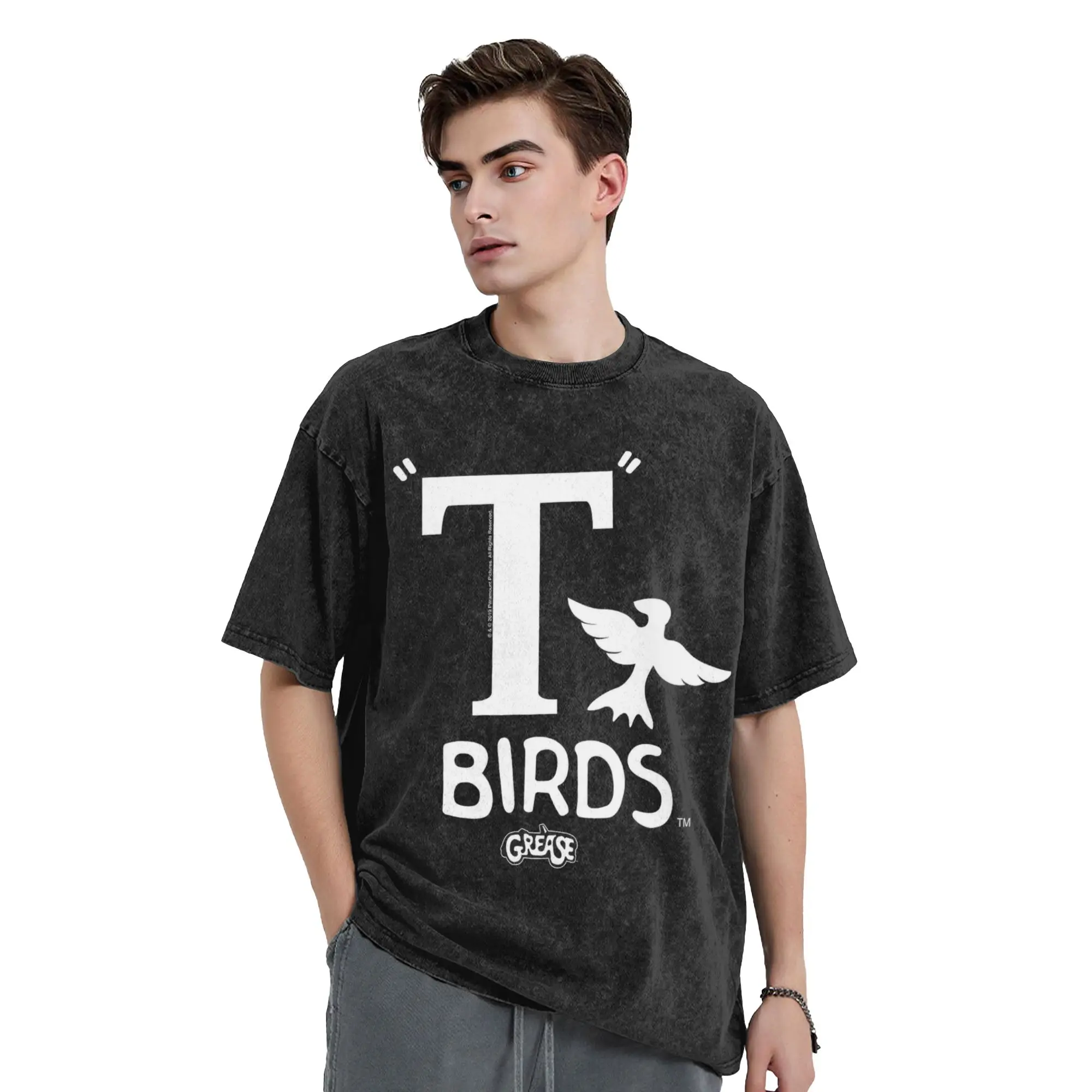 Grease Birds (1) Washed T Shirt Men  Vintage Cotton T Shirts Beach Round Neck Trendy Cool Tees Loose Big Size Clothing