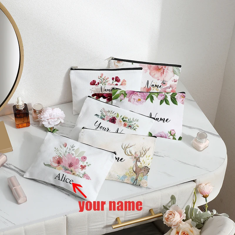 

Custom Name Flowers Makeup Bag Women Travel Accessories Bridesmaid Handbag Wedding Gift Kids School Pencil Case Cosmetic Bag2025