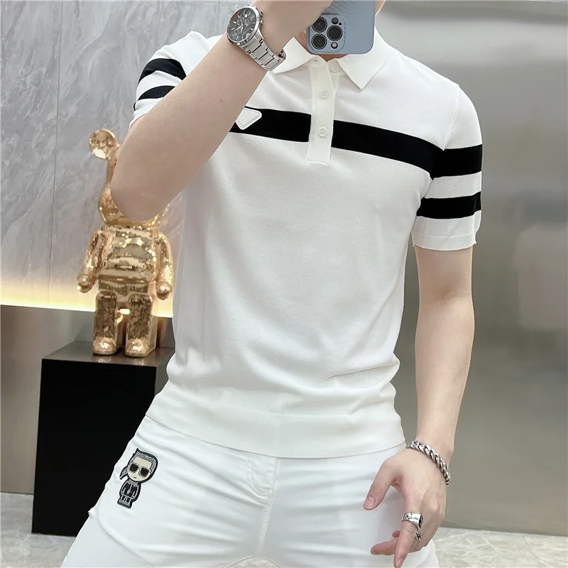 2023 Summer Contrast Stitching Polo Shirt Office Business  Polo Para Hombre Slim Shirt Trendy Pocket Breathable Polo Shirt Men