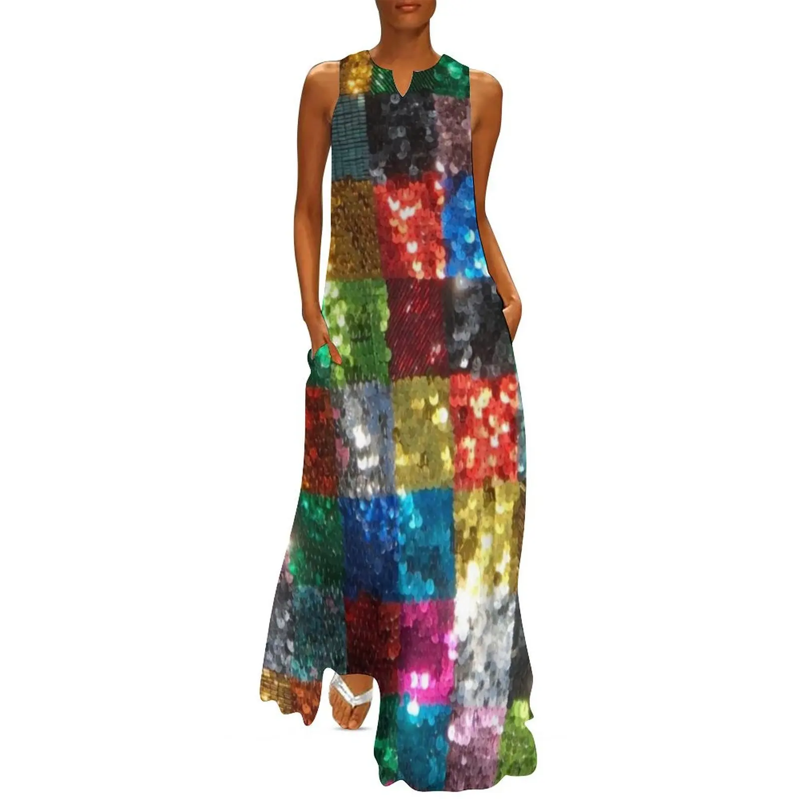 스팽글 디스코 볼 반짝이 파티 패치워크 반짝이는 70년대 펑키 유니콘 체크 무늬 사각형 화려한 퀼트 패턴 롱 드레스