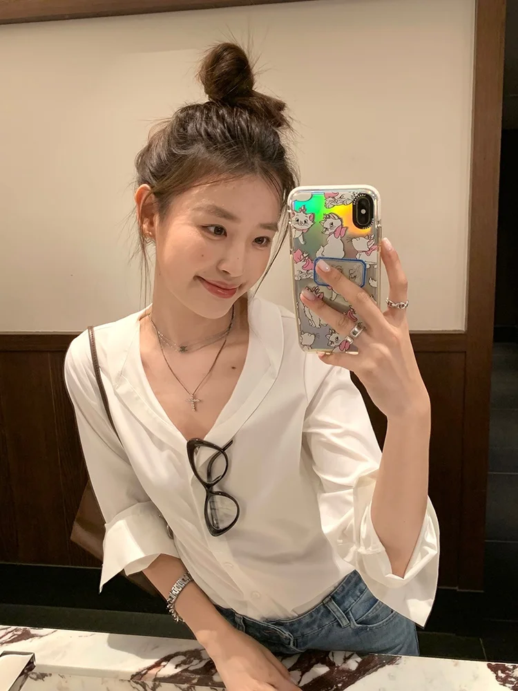 

Белый свободный женский топ с v-образным вырезом irt Design Sensation, маленький универсальный топ на весну и осень, 77store, полиэстер для поездок на работу