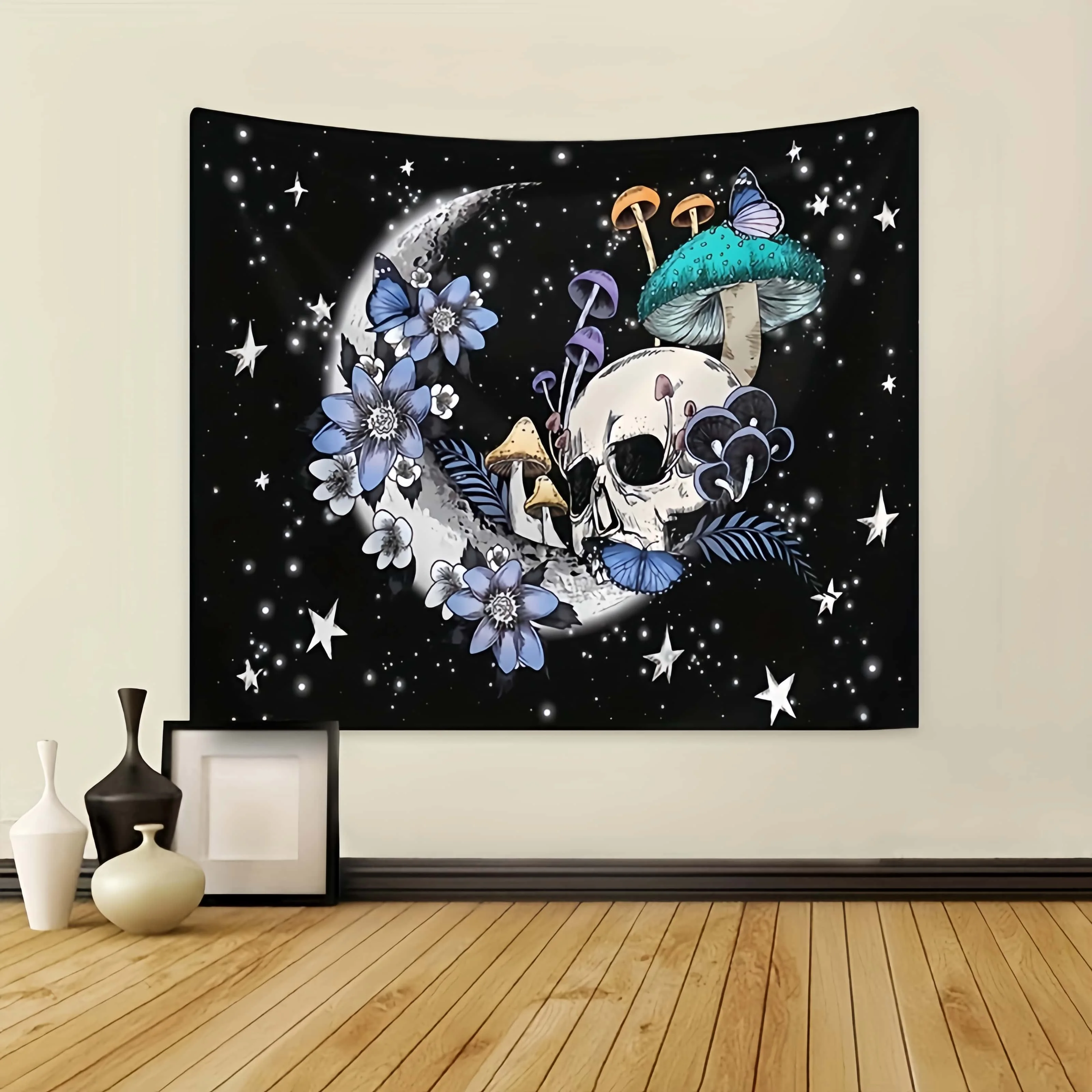Gothic Moon Skull Mushroom Tapestry Dark Flowers Butterfly Stars Background Cloth Bedroom Room Wall Decoration Cloth