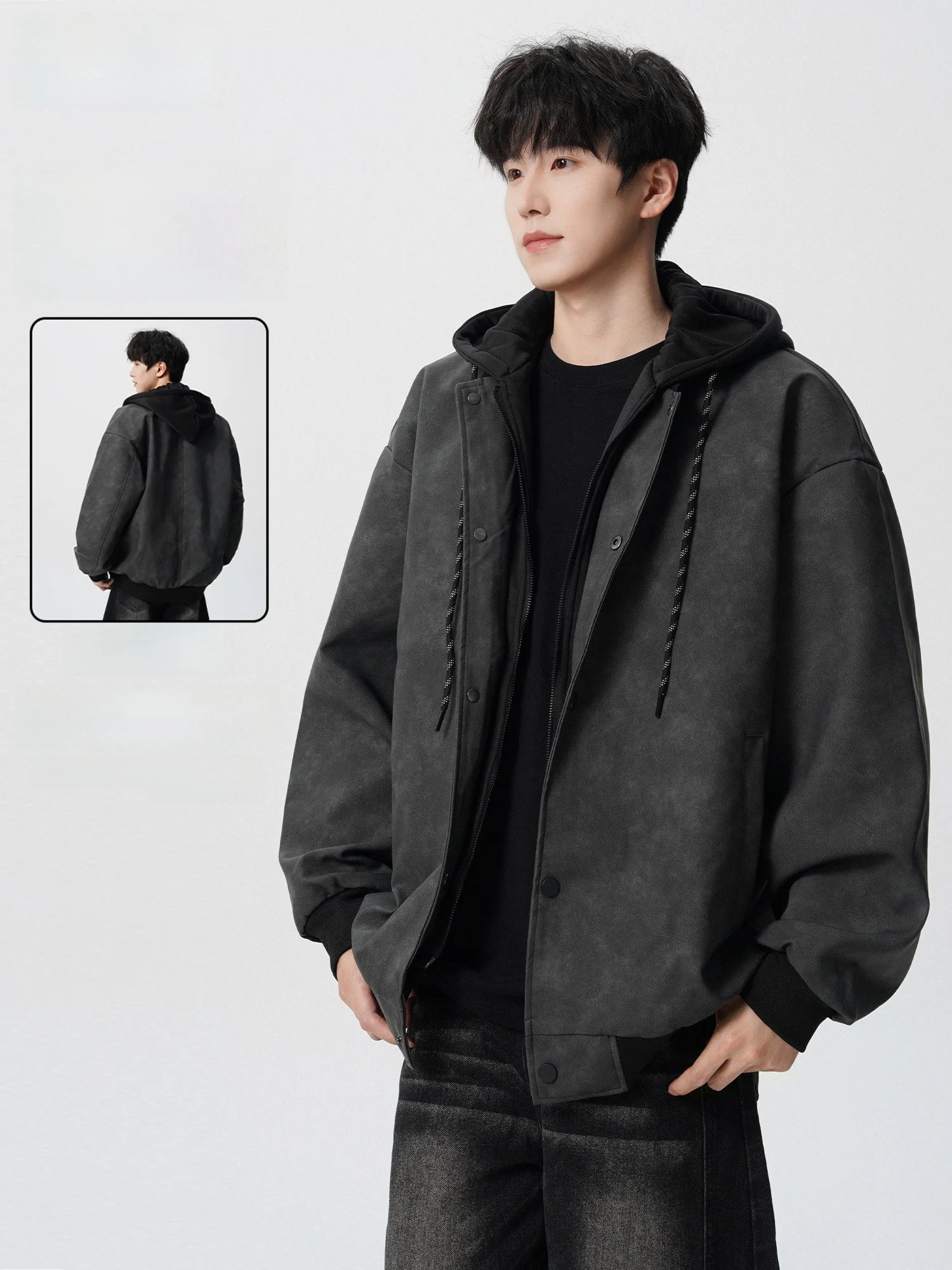 

Loose Thiened Men's Workwear Jaet Dyed Outerwear Windproof Casual Sle Long Sve Zipper Closure Hooded Polyester Fabric