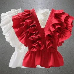 Summer Blusas Feminina Solid Ruffles Vintage V Neck Sexy Women Blouses Korean Fashion Elegant Pleated Short Shirts