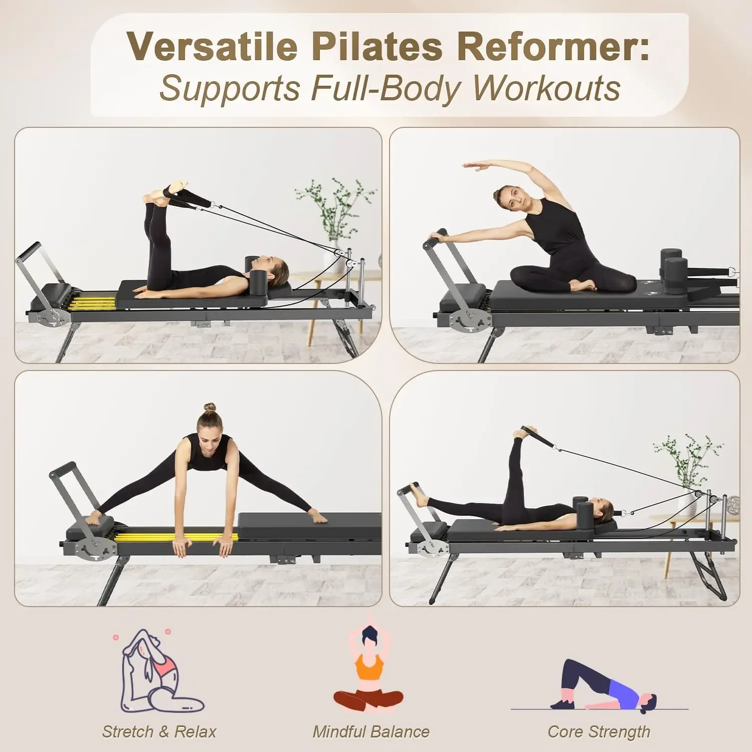 Pilates Reformer, AddWin Foldable Reformer Pilates Machine & Equipment for Women Home Use Gym Workout & Advanced and Beginners U