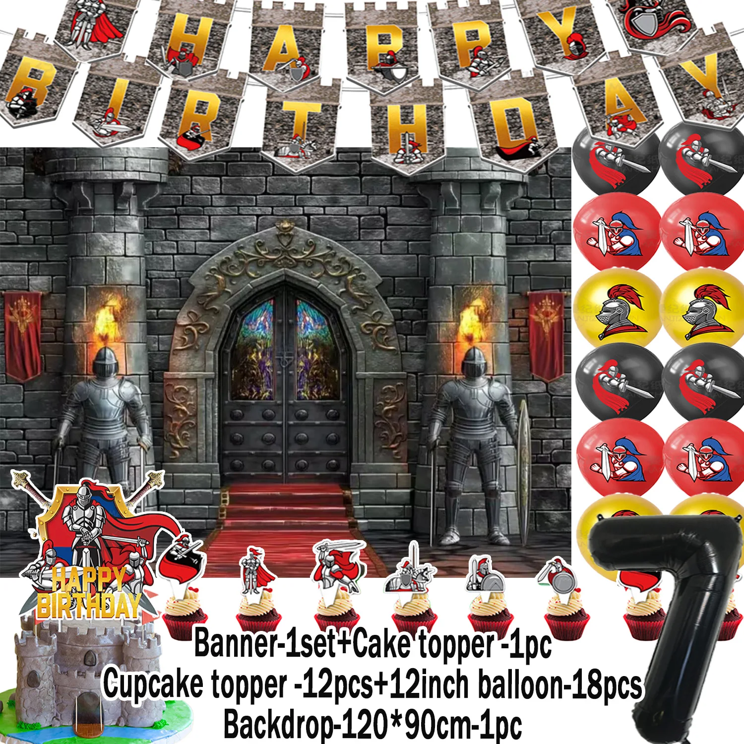 Knight Medieval Castle Birthday Party Tableware Happy Birthday Backdrop Banner Balloon Cake Topper Boy Knight Party Supplies view 5