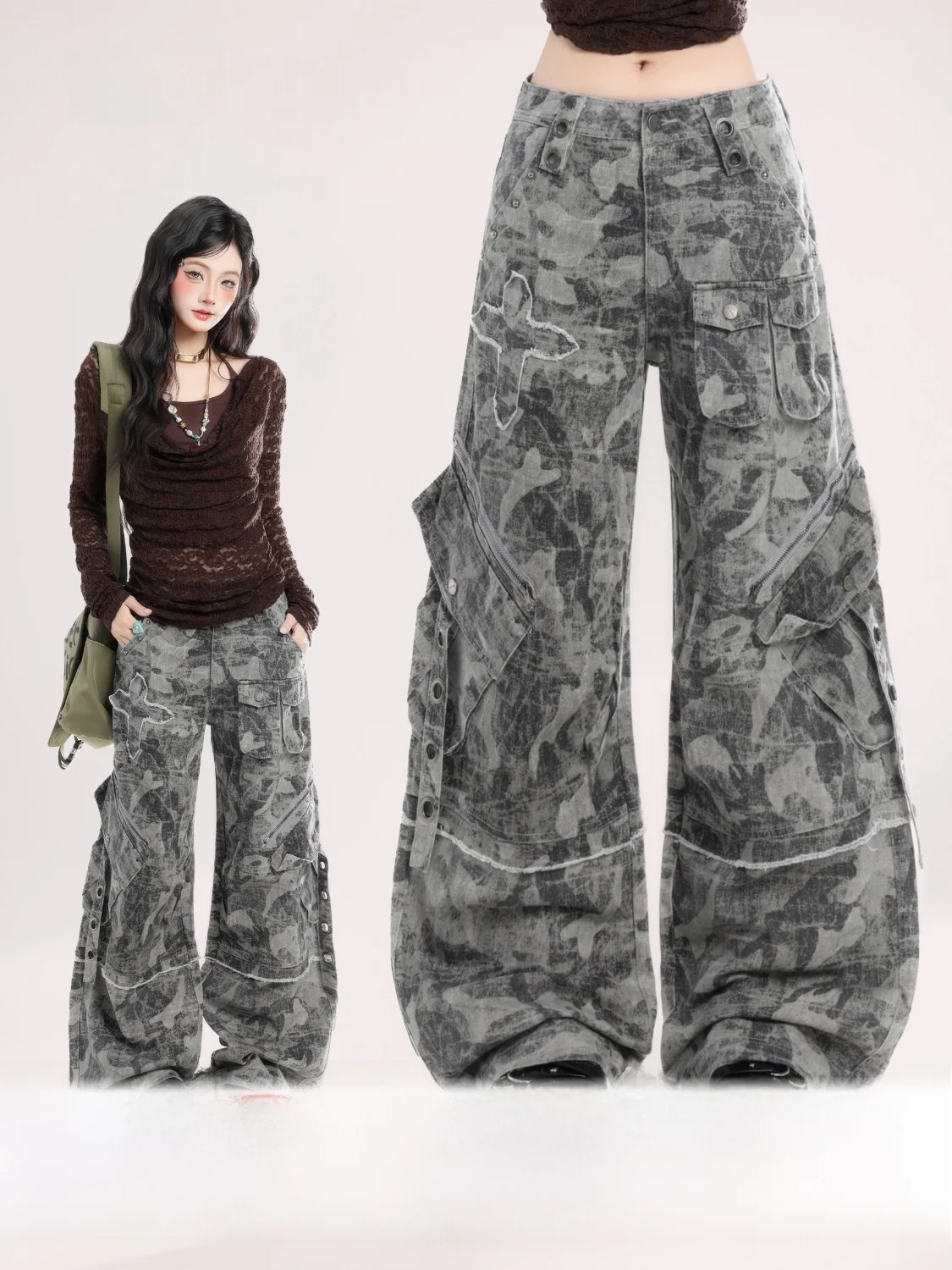 

Женские джинсовые брюки HM American Street Style Heavy Duty Vintage Camouflage Knife Pants, весенняя модель, с множеством карманов, рабочие брюки
