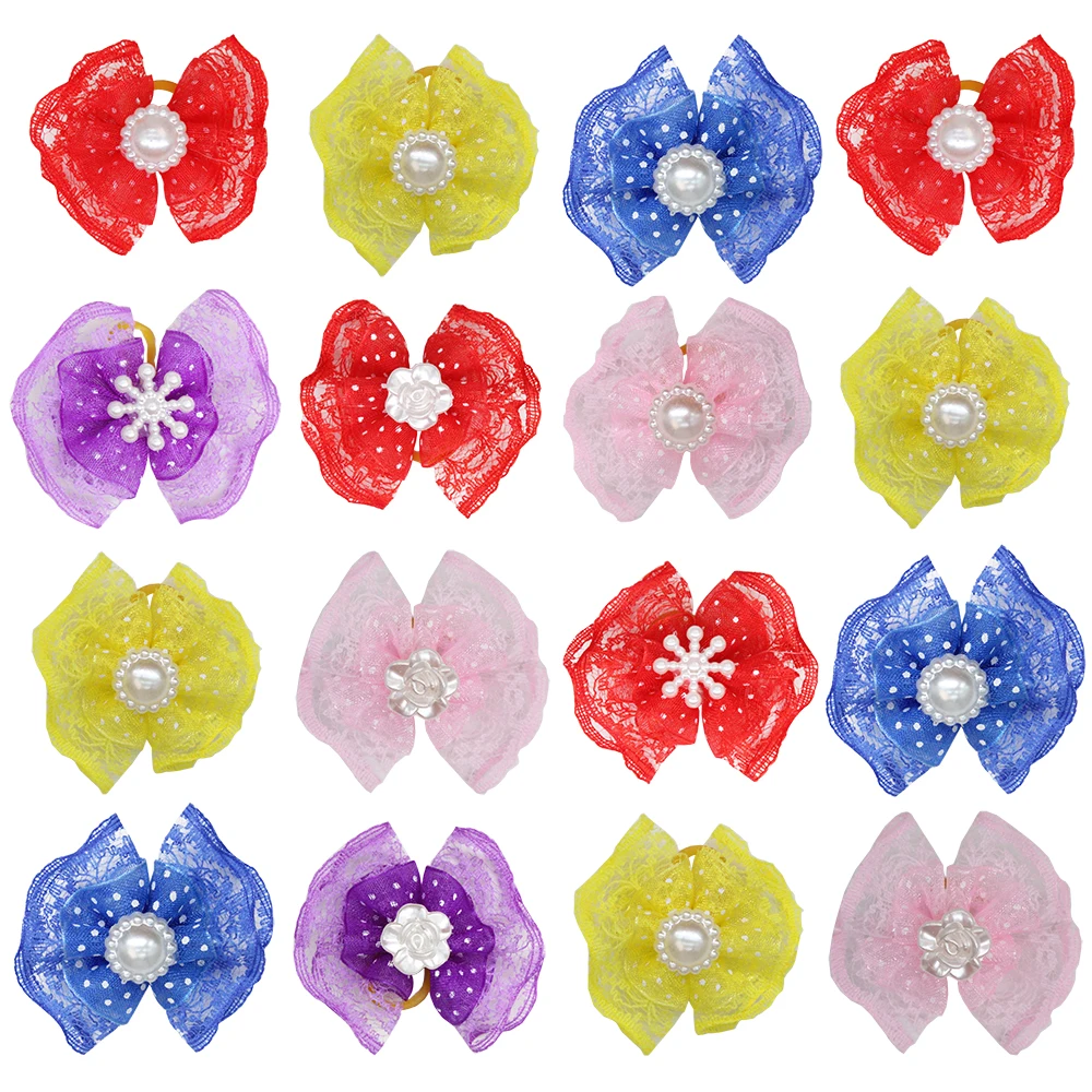 

10/20/30pcs Dog Grooming Bows Cat Hair Lace Bows Small Pog Accessories Dog Hair Bow with Rubber Bands Pet Supplier