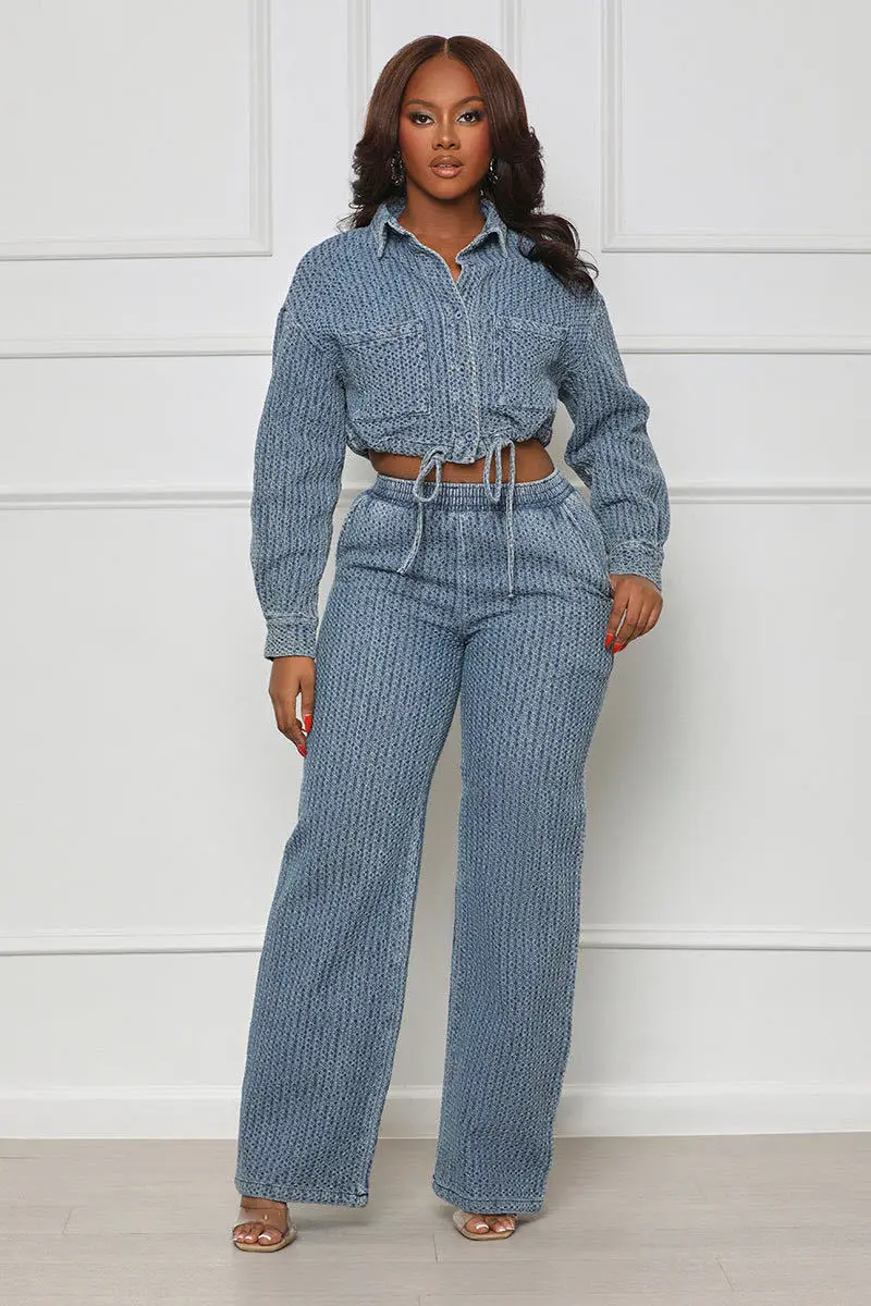 Spring Fashion Denim Drawstring Long Sleeve Crop Tops  Jackets+Wide Leg Pants Women\'S Jeans Suits Casual Two Piece Pants Set