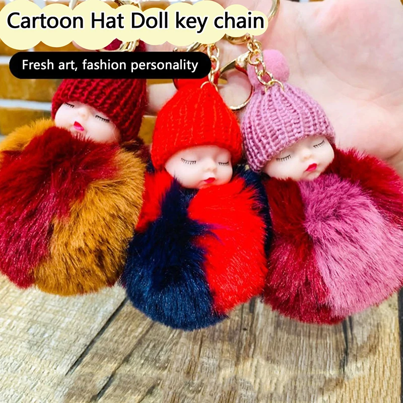 Pompom Sleeping Doll Keychain Tricolor Fluffy Plush Doll Pendant Women Girl Bags Keyrings Cars Key Decor Gift Charming Decor