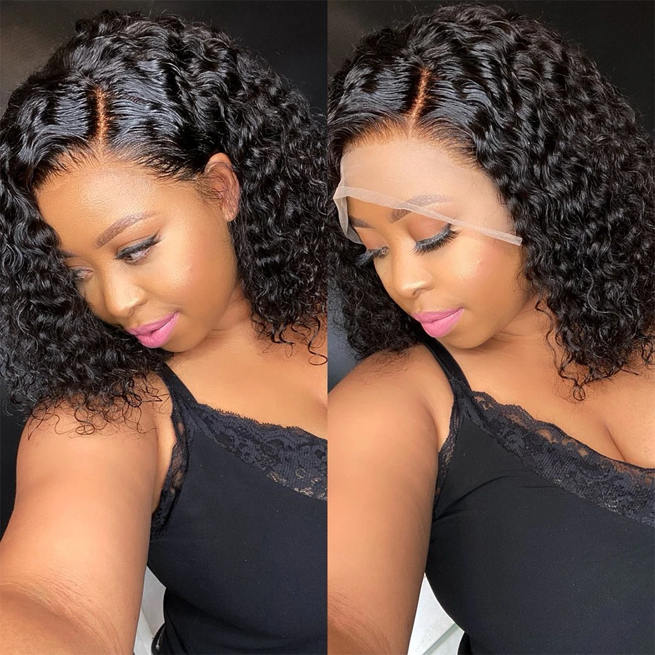 250% Short Curly Bob 13x4 Lace Front Wigs Preplucked Deep Water Wave 4x4 Transparent Lace Frontal Wig Brazilian Remy 100% Human Hair 14 Inch