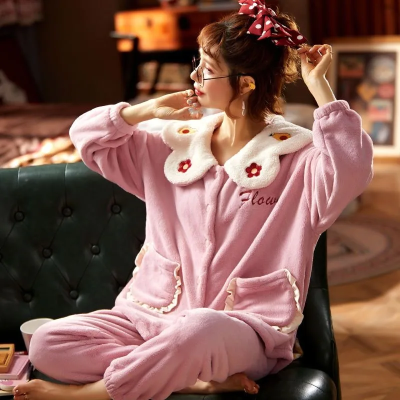 2023 New Coral Velvet Pajamas for Women Autumn Winter Flannel Thickening Warmth Household Clothes Two-piece Set Loungewear