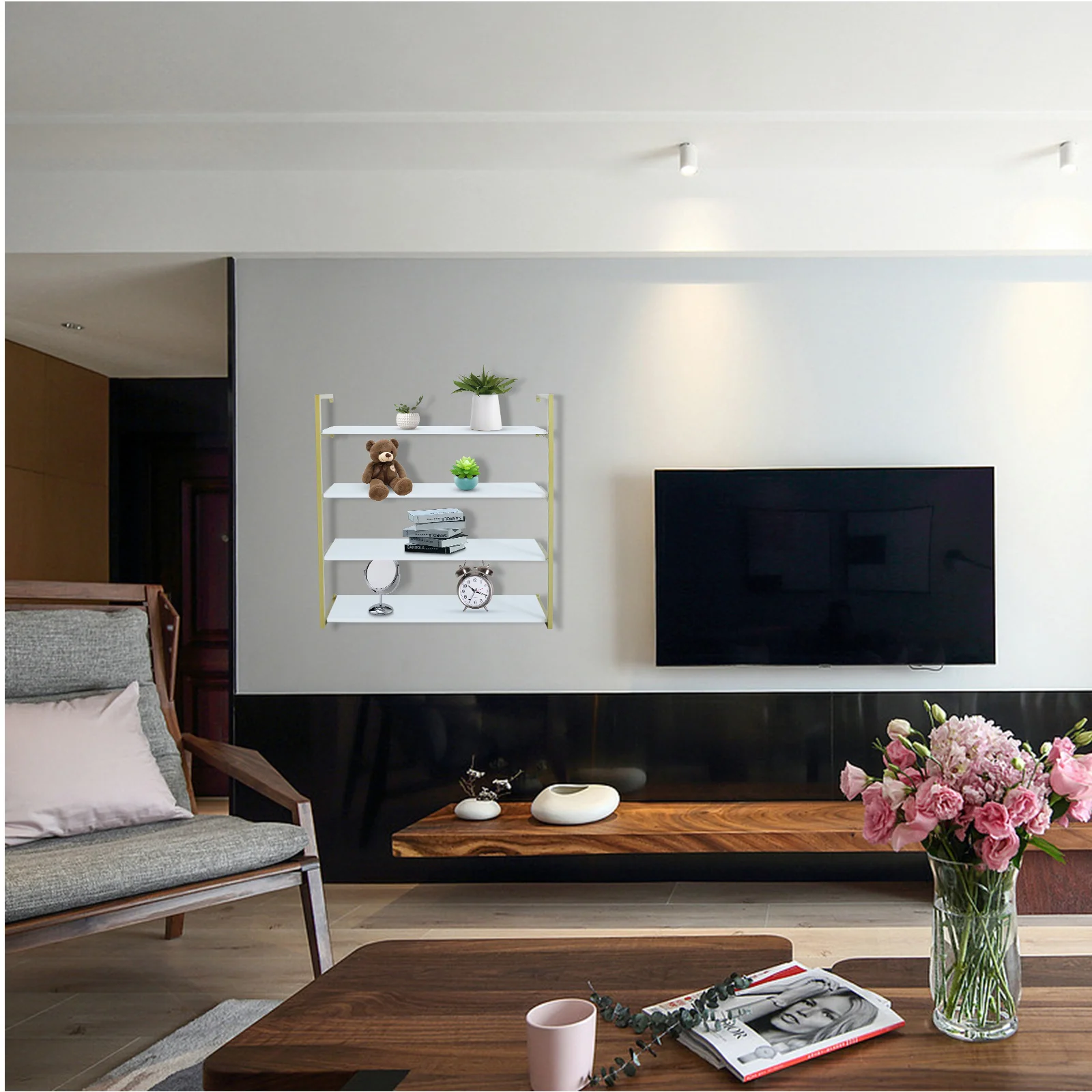 

4-Tier Floating Shelf, Gold Wall Mounted Storage Rack, 35 Inch Organizer Shelf for Bathroom Kitchen Office, Decorative Holder