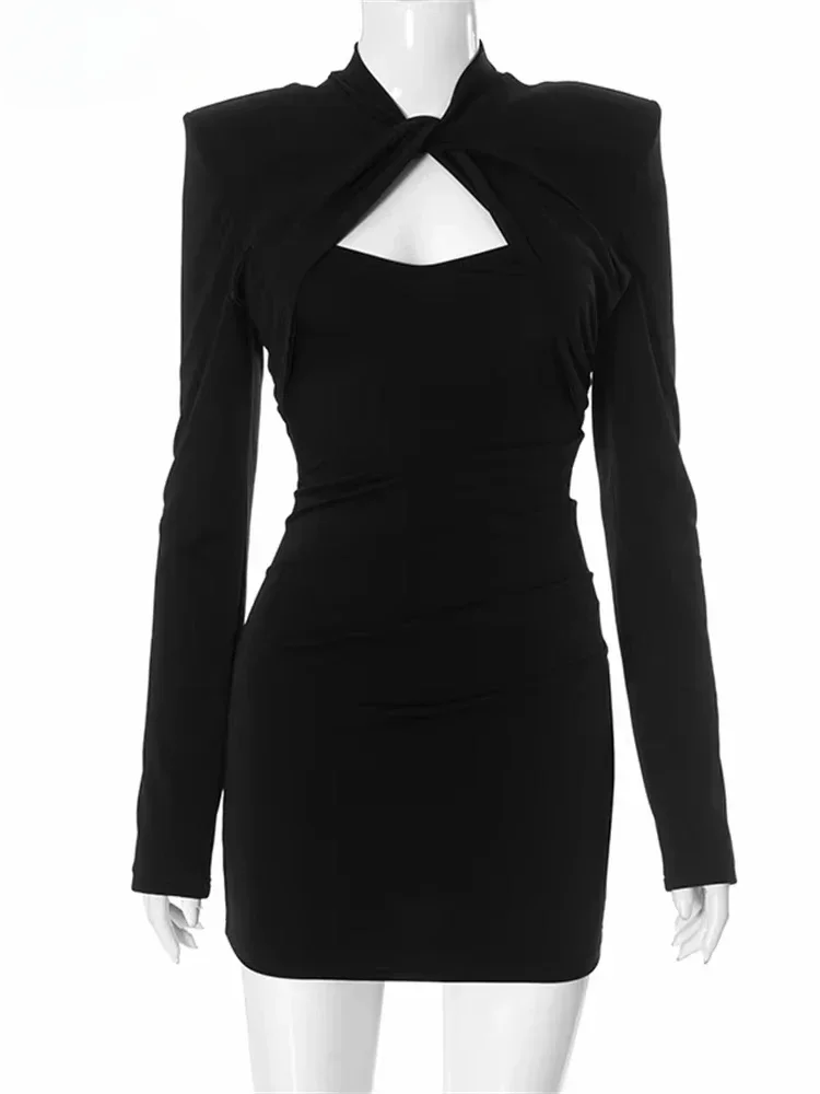 Sexy Frauen Nachtclub Abend Party Kurzes Kleid Langarm Elegante Mode Low Cut Out Schwarz Mini Wrap Kleid Winter 2024