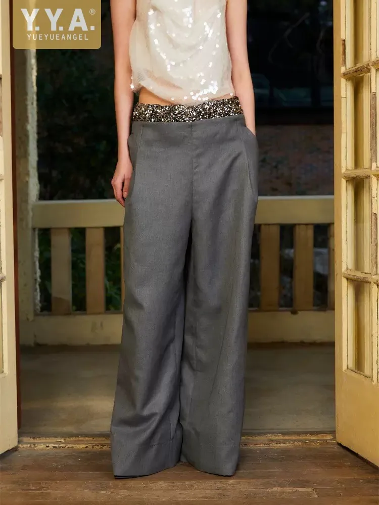 New Designer Women Shiny Sequined Waist Wide Leg Pants Loose Fit Office Ladies Work Suit Pants Spring Floor Length Long Trousers