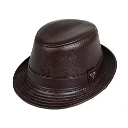 New 2023 Man High Quality Genuine Leather Jazz Fedora Gentleman CowSkin Short Brim Black/Brown Fitted Top Hat Male Shows