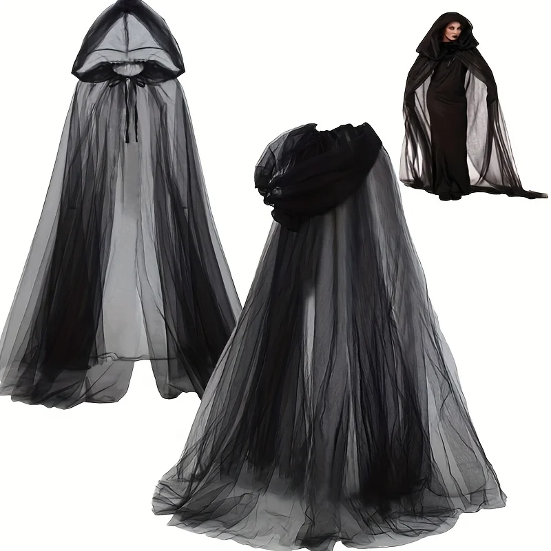 1PCS Halloween Party & Holiday DIY Decor Cape Costume Polyester Tie‑Up Hooded Tulle Cloak Dark‑Style Long Mesh Cape Party